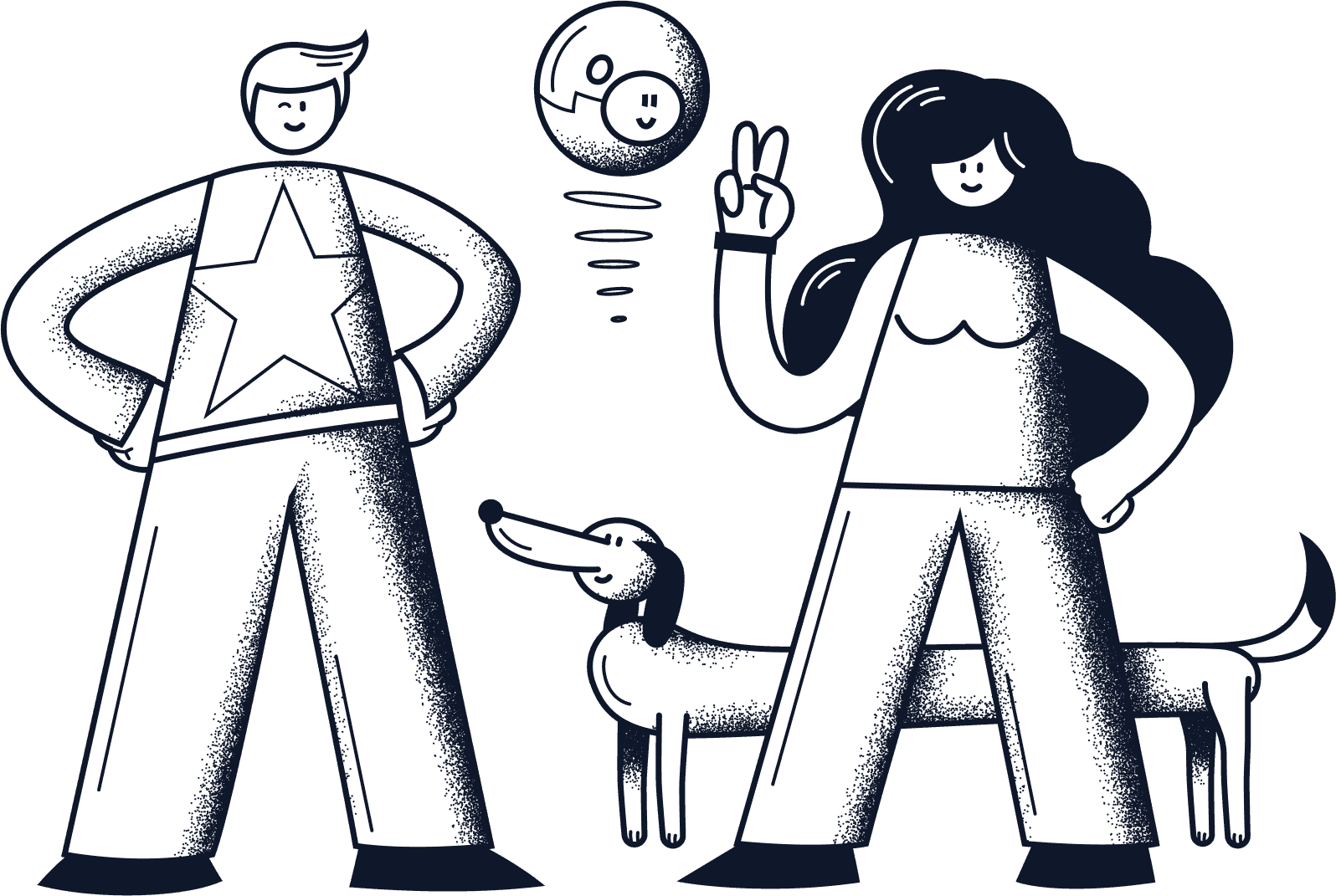 Illustration en noir et blanc représentant la collaboration et la créativité : un homme avec un pull étoilé, une femme faisant un signe de paix, un chien et un petit robot flottant. Une métaphore du design centré sur l'humain, l'innovation et l'équilibre entre technologie et expérience utilisateur.
