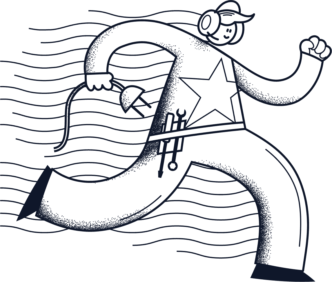 Illustration d'un personnage en mouvement tenant une prise, équipé d'outils à sa ceinture, et portant un casque avec un microphone, symbolisant le parcours dynamique et bien équipé d'un Senior Product Designer.